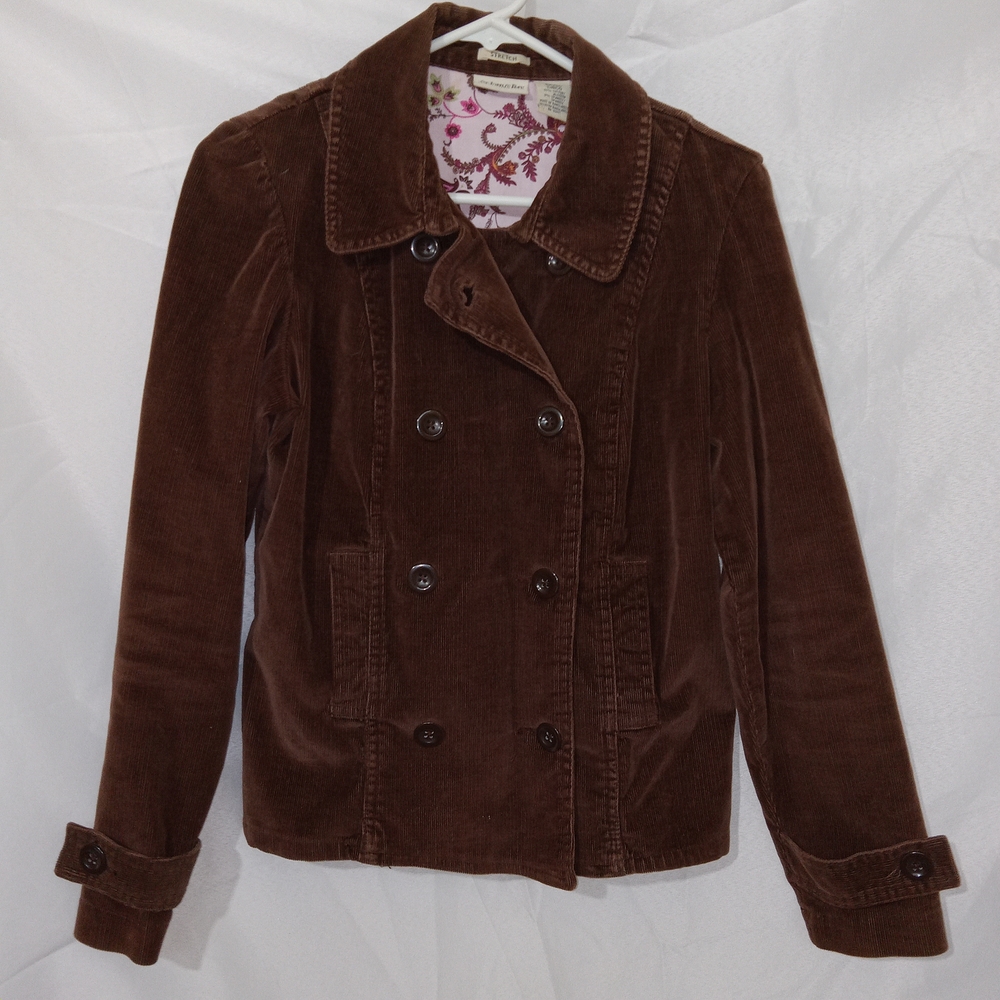 St Johns Bay Corduroy Jacket Womens S Brown Stretch Double Breasted Peacoat Y2K